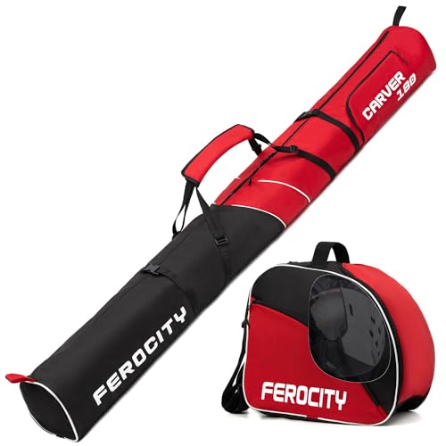 Ferocity Premium Set Skitasche und Skischuhtasche für 1 Paar Ski-Stöcke-Schuhe-Helm | 180 cm | mit Kordelzug Tasche und Seitentasche