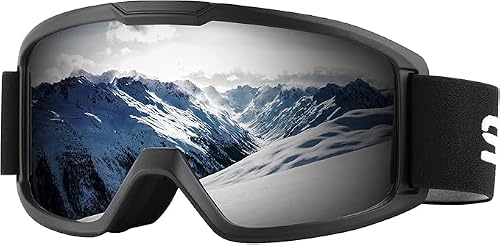 Skibrille, Anti-Beschlag, winddicht, OTG-Design, Snowboardbrille, UV400, blockierende Augen, schützt die Gläser, für Erwachsene und Jugendliche (schwarzer Rahmen, silberfarbene Gläser)