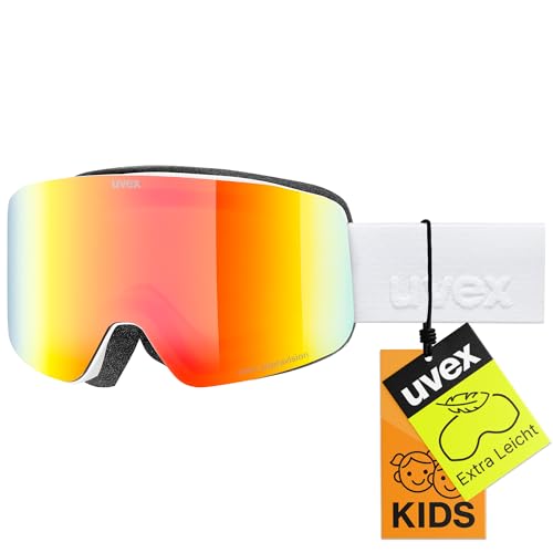 uvex pwdr FM - stylische, verspiegelte Skibrille mit weitem Sichtfeld und Anti-Fog-Beschichtung mit ausgewachsenen Features für Kinder - white matt/rainbow-clear - one size